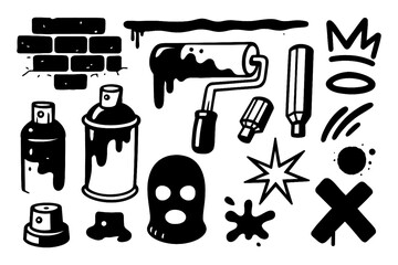 Graffiti street art elements with spray paint and marker doodles, Transparent Background