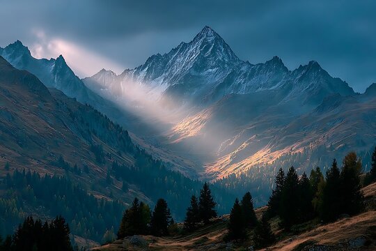 Epic mountain landscape with sunlight rays high resolution picture