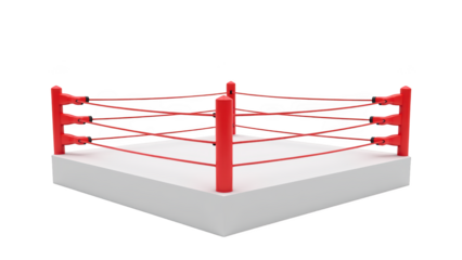 Wrestling ring with red ropes and white platform, designed for competitive matches, evokes excitement and energy