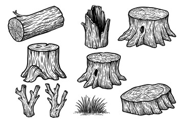 Vintage engraved tree stumps and wooden logs with detailed textures, Transparent Background