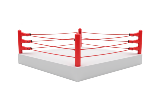 Wrestling ring with red ropes and white platform, designed for competitive matches, evokes excitement and energy