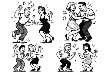 Retro dancing couple characters with lively music notes in vintage comic style, Transparent Background