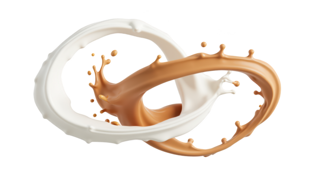 Creamy liquid splashes intertwine, creating dynamic visual of white and brown colors. energetic movement evokes sense of freshness and indulgence