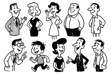 Retro cartoon business people characters in vintage comic style, Transparent Background
