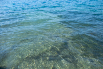 Clear turquoise water, sunlight reflecting, symbolizing natural beauty and serene aquatic scene, bottom through transparent water, blue background, natural resources planet