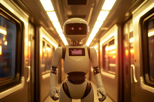 Futuristic Robot Passenger Riding on Public Bus in Urban City Transportation Scene Created by Generative AI