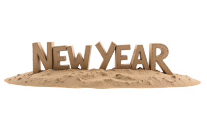 New Year sand sculpture on sandy surface, symbolizing celebration and fresh beginnings