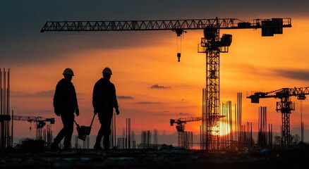 Workers walking on construction site, crane silhouettes at sunset