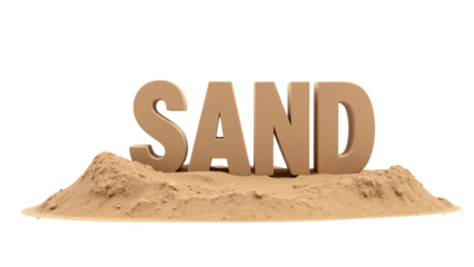 Sand letters on sandy mound create playful and inviting scene, perfect for beach themes or summer activities