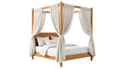 Luxurious four poster bed with soft white bedding and elegant drapes, perfect for cozy bedroom setting