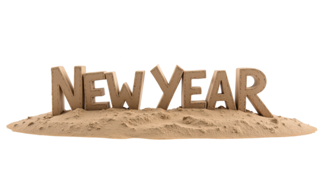 New Year sand sculpture on sandy surface, symbolizing celebration and fresh beginnings