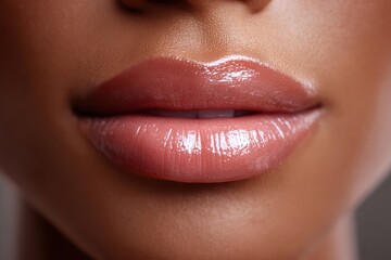 Fototapeta premium Close-up view of luscious, glossy lips in a soft, warm, pinkish-nude hue, highlighting the beauty and appeal of subtle makeup.