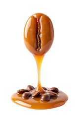 Obraz premium Delicious caramel dripping from glossy chocolate sphere, surrounded by coffee beans, creating tempting dessert display