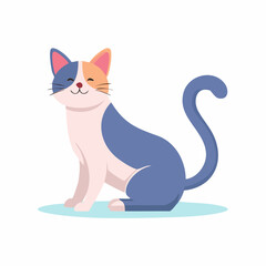 A charming cartoon illustration of a happy, tri-colored cat with blue, white, and orange patches, sitting contentedly on a light blue surface.