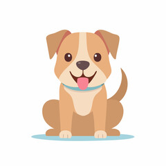 A cheerful cartoon illustration of a happy, light brown puppy with a light cream-colored face, wearing a blue collar and sitting attentively with its tongue playfully sticking out.