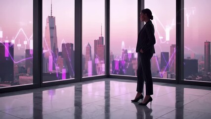 Businesswoman silhouette in corporate office overlooking city skyline with data analytics charts overlay. Executive professional planning strategy, urban finance district, digital growth visualization - Powered by Adobe