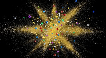 Golden dust explosion with colorful beads on a black background of brilliant effect