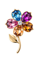 Naklejka premium Colorful flower brooch featuring multiple gemstones in shades of blue, pink, purple, orange, and yellow, set in gold tone metal