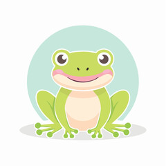 Fototapeta premium A cute cartoon illustration of a happy green frog sitting down and smiling with big eyes.