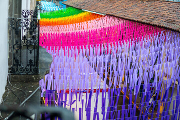 Colorful paper ornaments decorating street in mexico