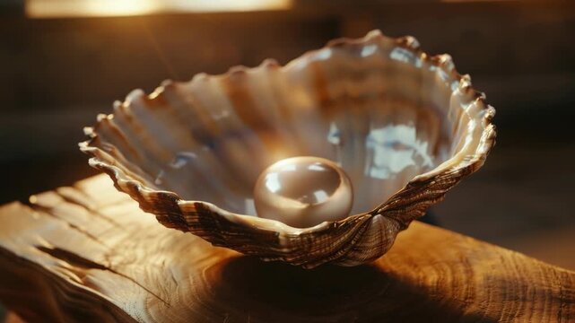 Close-up of a pearl inside a shell placed on a wooden table
