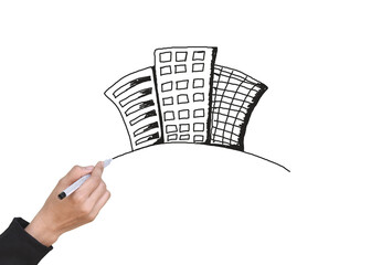 female hand drawing city on white background