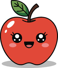 Illustration of a kawaii red apple with big eyes and a happy smile on a white background