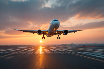 Airplane landing at sunset on runway beautiful sky