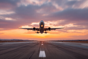 Airplane taking off at sunset over runway beautiful sky