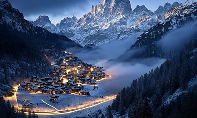 The village below is surrounded by lush green forests that contrast with the white winter landscape - Powered by Adobe