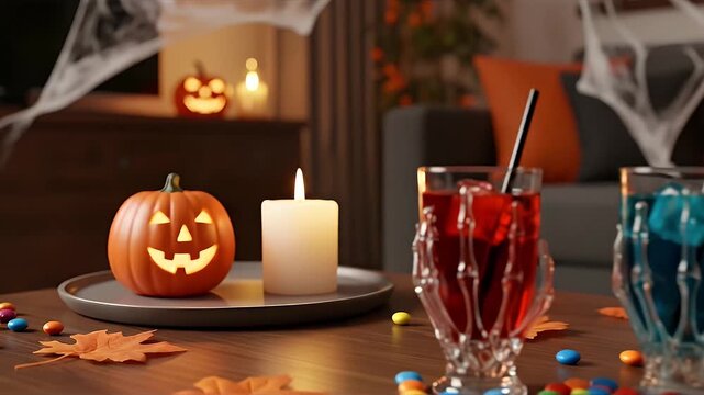 Fun and spooky Halloween party drinks in skeleton hand glasses with Jack-o'-lantern decorations