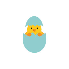 Cute, yellow, baby chick with an egg is a fun, cartoon illustration for a happy Easter holiday card design