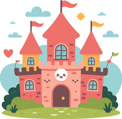 A cartoon illustration of a cute pink castle with flags and smiling face on a white background
