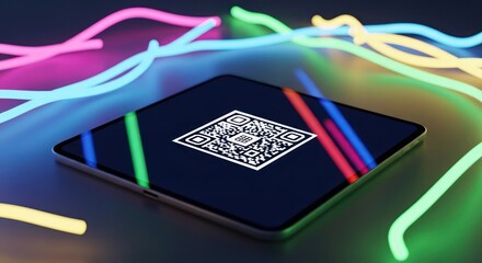 Modern tablet displaying qr code amidst vibrant luminous neon lines for scanning