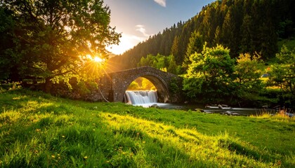 Sunset Stone Bridge with Mountain River.