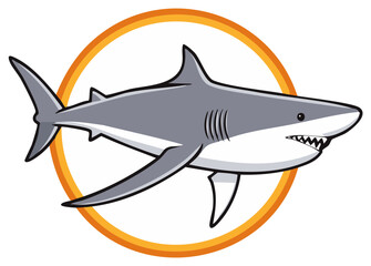 Fototapeta premium Bold cartoon great white shark swimming vector illustration within a bright orange circular border