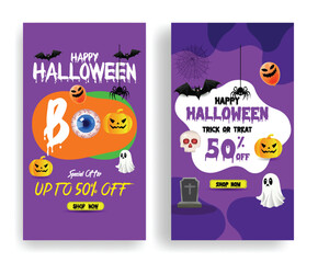 Halloween Sale Offer & Party Creative Social Media Stories, Trick or Treat Event Roll Up Ads, Promotional Signage Banner, Halloween Illustration Template Set