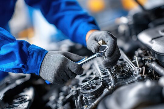 A skilled mechanic in blue uniform meticulously works on a car engine using a wrench. - Powered by Adobe
