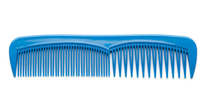 Isolated blue plastic hair comb for styling and detangling hair for personal grooming and hygiene use at isolated  white background