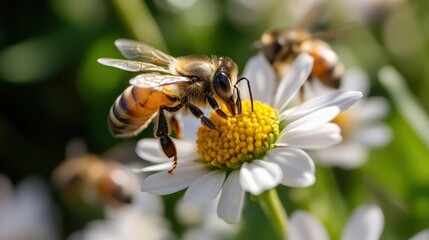 Bees collecting pollen on delicate daisy blossoms in vibrant springtime light