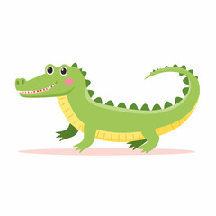 Fototapeta premium A cute green cartoon alligator with a happy smile and sharp teeth walking on a white background.