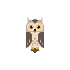 A wise cartoon owl with big eyes and brown wings perched on a branch at night
