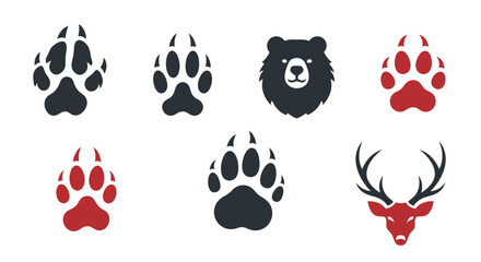 A vector illustration of a seamless black and white animal paw print pattern with cute cartoon bear and panda icons © Muzaki