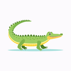 Fototapeta premium Cartoon illustration of a green crocodile walking with a happy expression, smiling with its teeth.