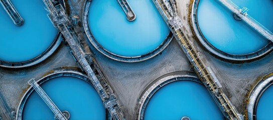 Aerial view shows water treatment plant, processing blue water tanks, outdoors