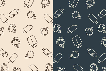 Seamless doodle pattern of ice cream cones and popsicles side by side with beige and forest green color, ideal for summer designs, packaging, and playful backgrounds.