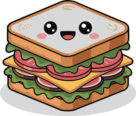 A cartoon sandwich with a smiling face made of bread cheese ham and lettuce on a white background