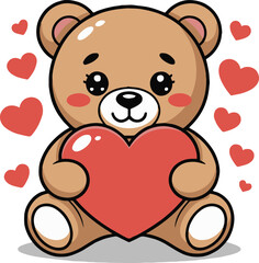 Cute cartoon teddy bear holding a red heart surrounded by floating hearts on a white background image
