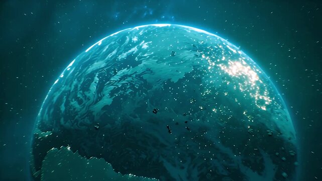 Stunning Teal Planet Orbiting Space Debris Glowing Celestial Body Futuristic Sci Fi Background Animation 4 K Ultra H D Resolution Seamless Loop Perfect for Film V F X Game Cinematic Intro Title