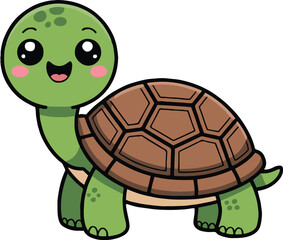 Illustration of a cute green cartoon turtle with a brown shell on a solid white background